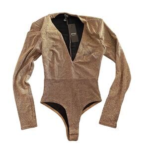 Privy Bodysuit Sparkle Gold Metallic Plunging Neckline NEW Size Large